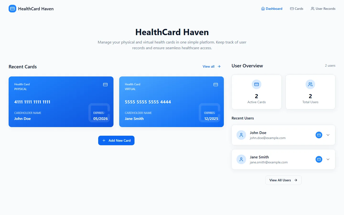 HealthCard Haven interface