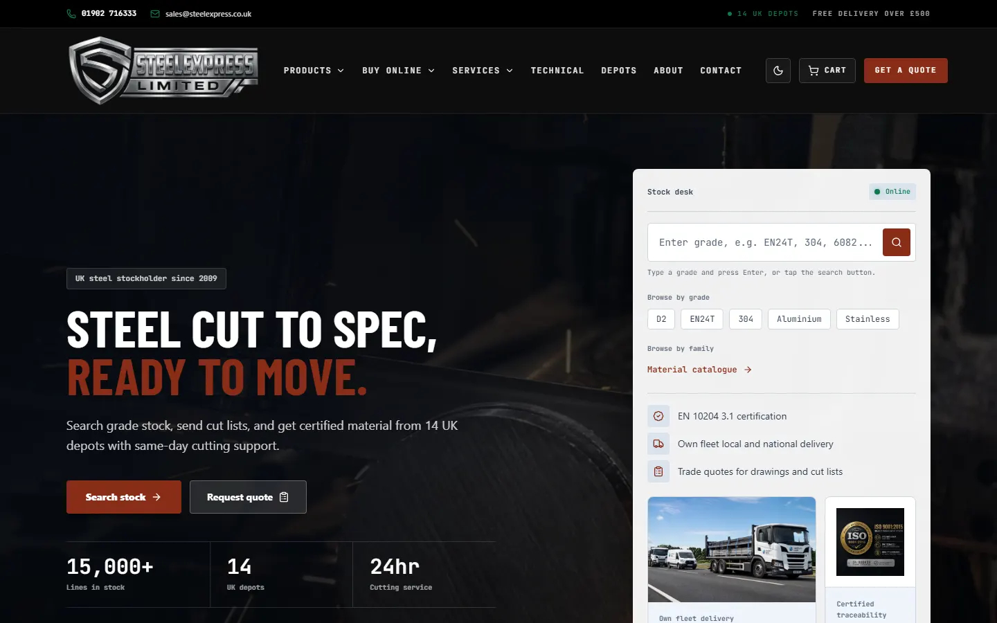 The finished Steel Express design: grade search, stock register, and quote requests